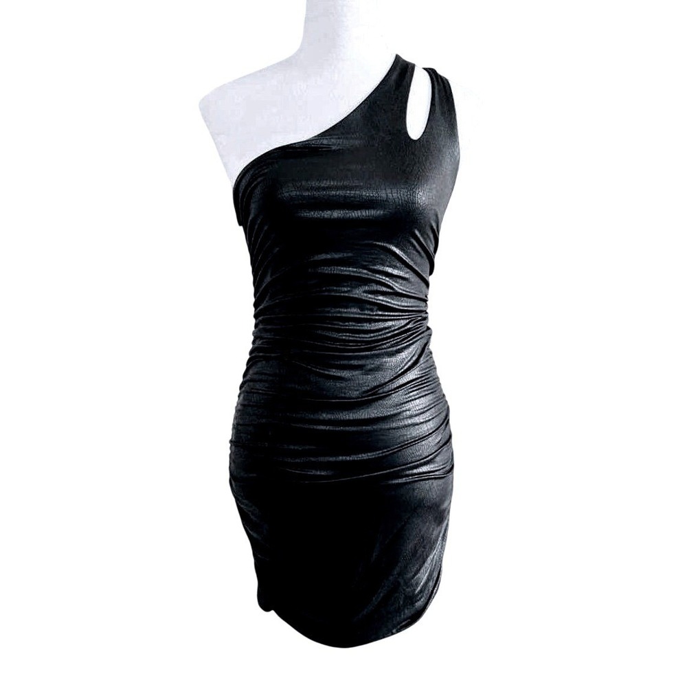 Bebe Black Shimmer Snakeskin Ruched Asymmetric One Shoulder Bodycon Dress Medium